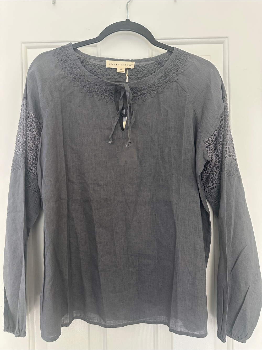 Love Stitch Gray Crochet-Trim Peasant Top - Gray